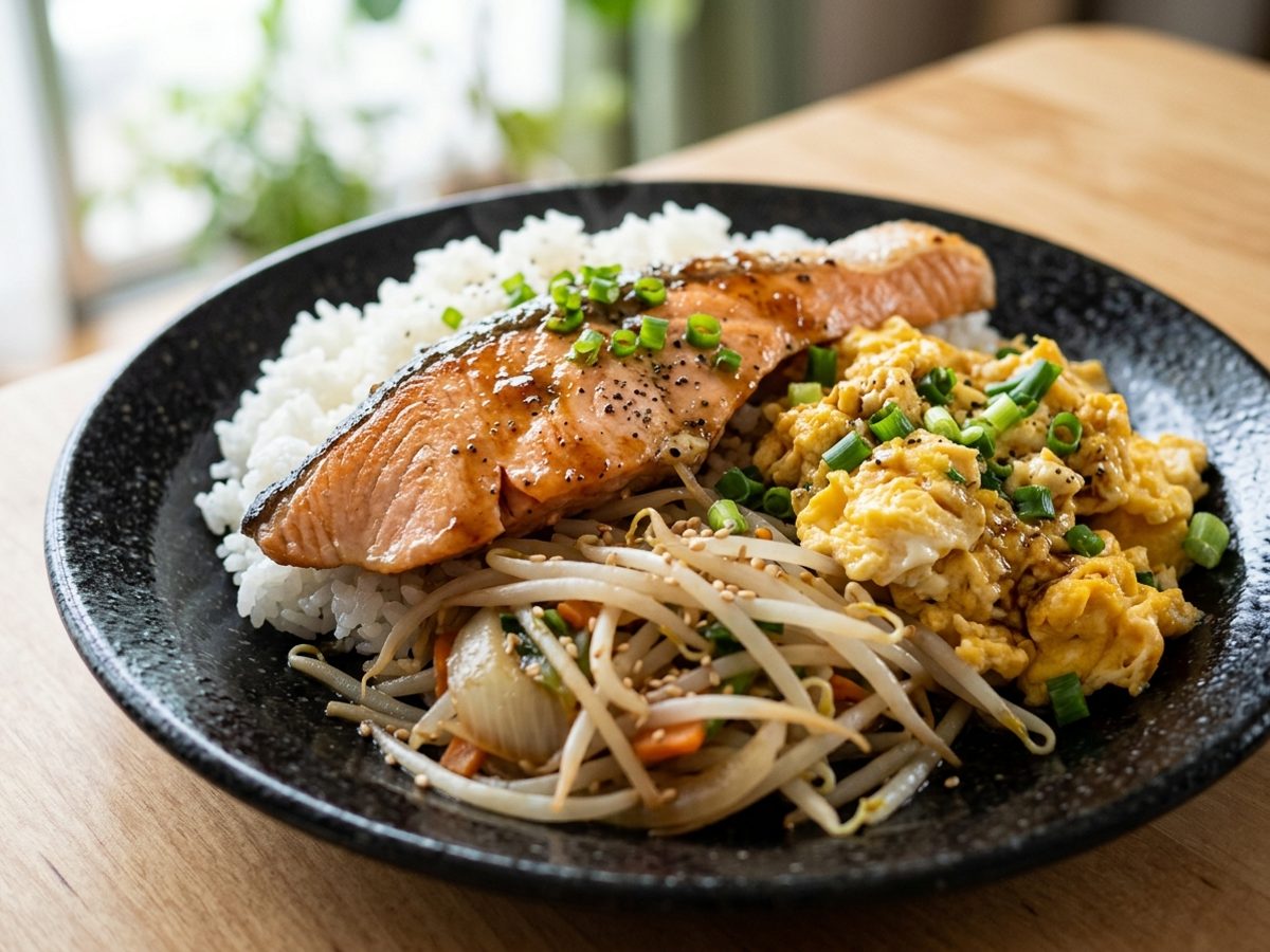 【500kcal前後でタンパク質40g超】鮭と卵のバター醤油プレート