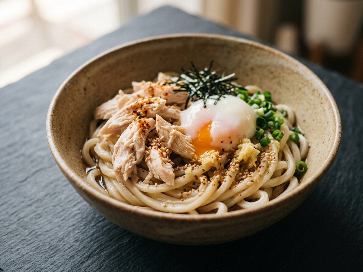 ささみと温玉の高タンパク冷やしうどん